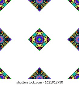 Vector seamless pattern background with different geometrical shapes of multiple colors. Illustration with symmetrical design.