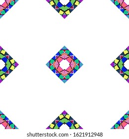 Vector seamless pattern background with different geometrical shapes of multiple colors. Illustration with symmetrical design.