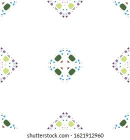 Vector seamless pattern background with different geometrical shapes of multiple colors. Illustration with symmetrical design.