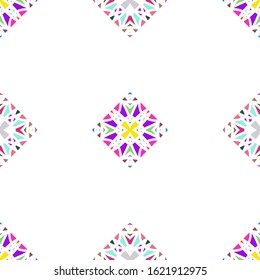 Vector seamless pattern background with different geometrical shapes of multiple colors. Illustration with symmetrical design.