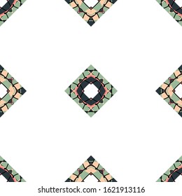 Vector seamless pattern background with different geometrical shapes of multiple colors. Illustration with symmetrical design.