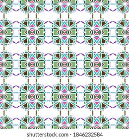 Vector seamless pattern background with different geometrical shapes of multiple colors. Illustration with symmetrical design