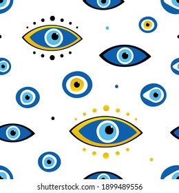 Vector seamless pattern background with different turkish blue eye-shaped amulets, nazar talismans and dots.
