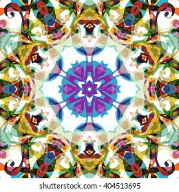 Vector seamless pattern background with different geometrical shapes of multiple colors. Illustration with symmetrical design, abstract background. Kaleidoscope background. Modern background template.
