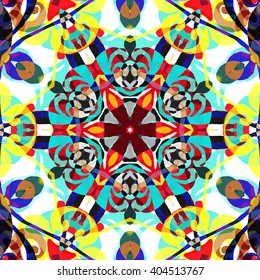 Vector seamless pattern background with different geometrical shapes of multiple colors. Illustration with symmetrical design, abstract background. Kaleidoscope background. Modern background template.