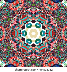 Vector seamless pattern background with different geometrical shapes of multiple colors. Illustration with symmetrical design, abstract background. Kaleidoscope background. Modern background template.