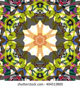 Vector seamless pattern background with different geometrical shapes of multiple colors. Illustration with symmetrical design, abstract background. Kaleidoscope background. Modern background template.