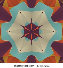 Vector seamless pattern background with different geometrical shapes of multiple colors. Illustration with symmetrical design. Kaleidoscope backdrop. Modern banner design template.