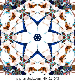 Vector seamless pattern background with different geometrical shapes of multiple colors. Illustration with symmetrical design. Kaleidoscope backdrop. Modern banner design template.