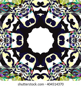 Vector seamless pattern background with different geometrical shapes of multiple colors. Illustration with symmetrical design. Kaleidoscope backdrop. Modern banner design template.