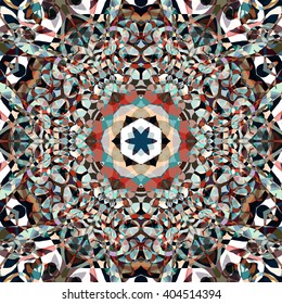 Vector seamless pattern background with different geometrical shapes of multiple colors. Illustration with symmetrical design. Kaleidoscope backdrop. Modern banner design template.