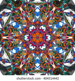 Vector seamless pattern background with different geometrical shapes of multiple colors. Illustration with symmetrical design. Kaleidoscope backdrop. Modern banner design template.