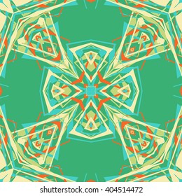 Vector seamless pattern background with different geometrical shapes of multiple colors. Illustration with symmetrical design. Kaleidoscope backdrop. Modern banner design template.