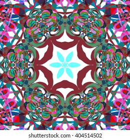 Vector seamless pattern background with different geometrical shapes of multiple colors. Illustration with symmetrical design. Kaleidoscope backdrop. Modern banner design template.