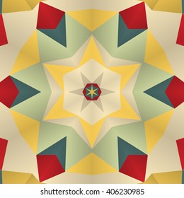 Vector seamless pattern background with different geometrical shapes of multiple colors. Illustration with symmetrical design. Kaleidoscope backdrop. Modern banner design template.