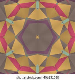 Vector seamless pattern background with different geometrical shapes of multiple colors. Illustration with symmetrical design. Kaleidoscope backdrop. Modern banner design template.