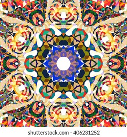 Vector seamless pattern background with different geometrical shapes of multiple colors. Illustration with symmetrical design. Kaleidoscope backdrop. Modern banner design template.