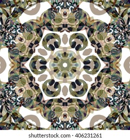 Vector seamless pattern background with different geometrical shapes of multiple colors. Illustration with symmetrical design. Kaleidoscope backdrop. Modern banner design template.