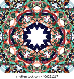 Vector seamless pattern background with different geometrical shapes of multiple colors. Illustration with symmetrical design. Kaleidoscope backdrop. Modern banner design template.