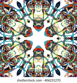 Vector seamless pattern background with different geometrical shapes of multiple colors. Illustration with symmetrical design. Kaleidoscope backdrop. Modern banner design template.