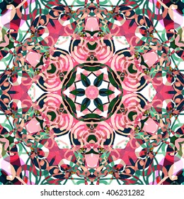 Vector seamless pattern background with different geometrical shapes of multiple colors. Illustration with symmetrical design. Kaleidoscope backdrop. Modern banner design template.