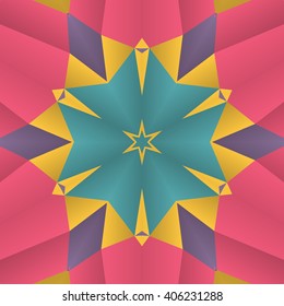 Vector seamless pattern background with different geometrical shapes of multiple colors. Illustration with symmetrical design. Kaleidoscope backdrop. Modern banner design template.