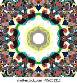 Vector seamless pattern background with different geometrical shapes of multiple colors. Illustration with symmetrical design. Kaleidoscope backdrop. Modern banner design template.
