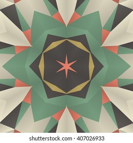 Vector seamless pattern background with different geometrical shapes of multiple colors. Illustration with symmetrical design. Kaleidoscope backdrop. Modern banner design template.