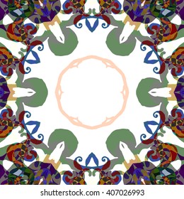 Vector seamless pattern background with different geometrical shapes of multiple colors. Illustration with symmetrical design. Kaleidoscope backdrop. Modern banner design template.