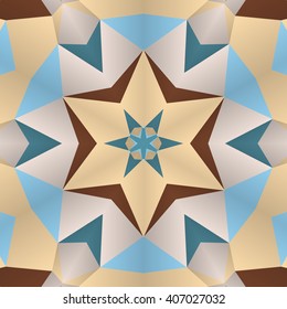 Vector seamless pattern background with different geometrical shapes of multiple colors. Illustration with symmetrical design. Kaleidoscope backdrop. Modern banner design template.