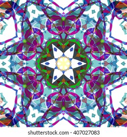 Vector seamless pattern background with different geometrical shapes of multiple colors. Illustration with symmetrical design. Kaleidoscope backdrop. Modern banner design template.