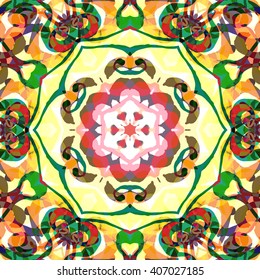 Vector seamless pattern background with different geometrical shapes of multiple colors. Illustration with symmetrical design. Kaleidoscope backdrop. Modern banner design template.