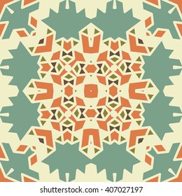 Vector seamless pattern background with different geometrical shapes of multiple colors. Illustration with symmetrical design. Kaleidoscope backdrop. Modern banner design template.