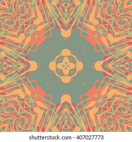 Vector seamless pattern background with different geometrical shapes of multiple colors. Illustration with symmetrical design. Kaleidoscope backdrop. Modern banner design template.