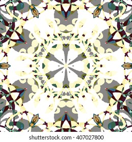 Vector seamless pattern background with different geometrical shapes of multiple colors. Illustration with symmetrical design. Kaleidoscope backdrop. Modern banner design template.