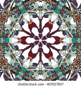 Vector seamless pattern background with different geometrical shapes of multiple colors. Illustration with symmetrical design. Kaleidoscope backdrop. Modern banner design template.