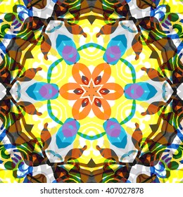 Vector seamless pattern background with different geometrical shapes of multiple colors. Illustration with symmetrical design. Kaleidoscope backdrop. Modern banner design template.