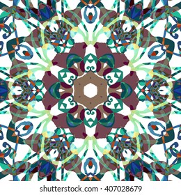 Vector seamless pattern background with different geometrical shapes of multiple colors. Illustration with symmetrical design. Kaleidoscope backdrop. Modern banner design template.