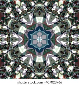 Vector seamless pattern background with different geometrical shapes of multiple colors. Illustration with symmetrical design. Kaleidoscope backdrop. Modern banner design template.