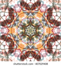 Vector seamless pattern background with different geometrical shapes of multiple colors. Illustration with symmetrical design. Kaleidoscope backdrop. Modern banner design template.