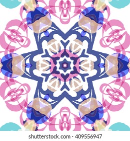 Vector seamless pattern background with different geometrical shapes of multiple colors. Illustration with symmetrical design. Kaleidoscope backdrop. Modern banner design template.