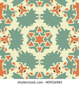 Vector seamless pattern background with different geometrical shapes of multiple colors. Illustration with symmetrical design. Kaleidoscope backdrop. Modern banner design template.