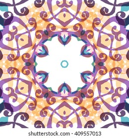 Vector seamless pattern background with different geometrical shapes of multiple colors. Illustration with symmetrical design. Kaleidoscope backdrop. Modern banner design template.
