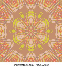 Vector seamless pattern background with different geometrical shapes of multiple colors. Illustration with symmetrical design. Kaleidoscope backdrop. Modern banner design template.