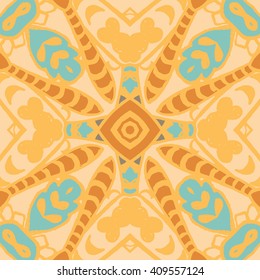Vector seamless pattern background with different geometrical shapes of multiple colors. Illustration with symmetrical design. Kaleidoscope backdrop. Modern banner design template.