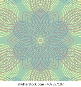 Vector seamless pattern background with different geometrical shapes of multiple colors. Illustration with symmetrical design. Kaleidoscope backdrop. Modern banner design template.