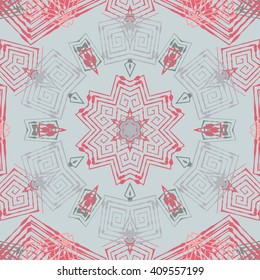 Vector seamless pattern background with different geometrical shapes of multiple colors. Illustration with symmetrical design. Kaleidoscope backdrop. Modern banner design template.