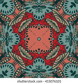 Vector seamless pattern background with different geometrical shapes of multiple colors. Illustration with symmetrical design. Kaleidoscope backdrop. Modern banner design template.
