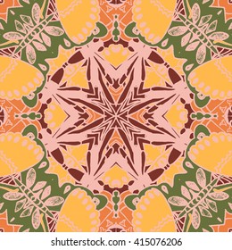 Vector seamless pattern background with different geometrical shapes of multiple colors. Illustration with symmetrical design. Kaleidoscope backdrop. Modern banner design template.