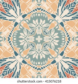 Vector seamless pattern background with different geometrical shapes of multiple colors. Illustration with symmetrical design. Kaleidoscope backdrop. Modern banner design template.